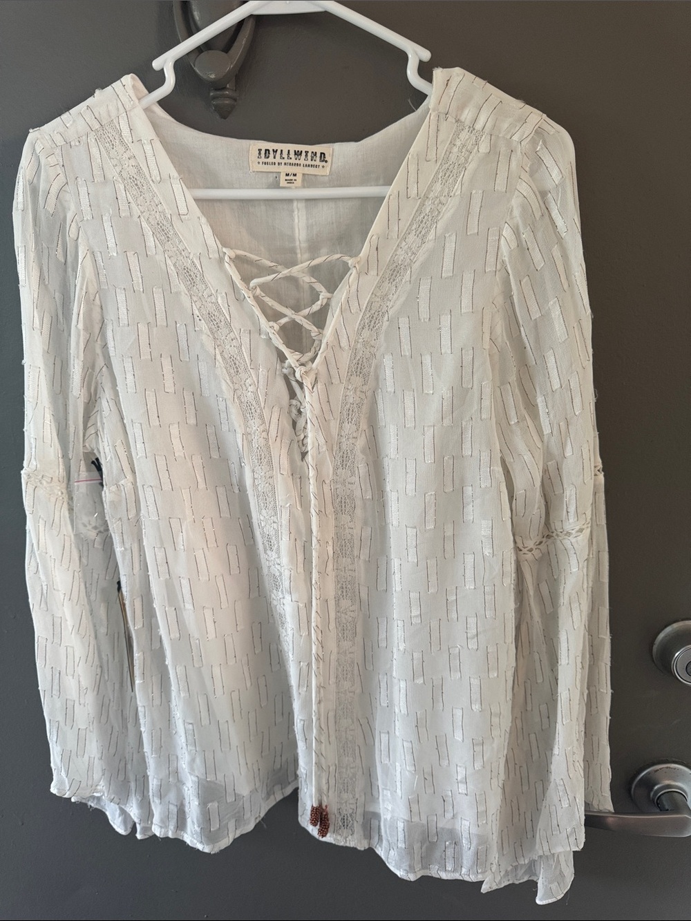 Idyllwind Cream Lace-Up Textured Boho Tunic